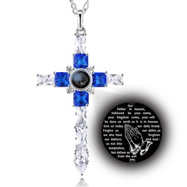 VISILOVE Cross Necklace with Lord' s Prayer and Praying Hands Pendant (Sapphire Blue Brilliant)