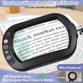 10X Square Magnifying Glass with Light and Stand, Real Glass LED Lighted Magnifier, 5 Color Modes Stepless Dimmable, Hands-Free Mag Desk Lamp with Clamp for Reading Craft Hobby Close Work