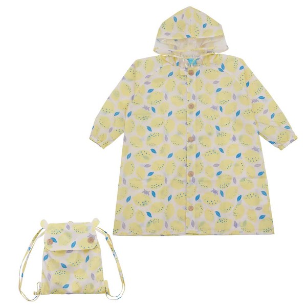 Ogawa 83309 Kukkahippo Kids Raincoat Compatible with School Bag, 47.2 inches (120 cm), Lemon with Adjustable Tuck for Backpacks, Reflective Print of Hippo, Transparent Window, Elastic Sleeves, Comes