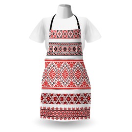 Ambesonne Art Apron, Traditional Ukrainian Borders Frames Ornaments Old Fashioned Cultural Motifs, Unisex Kitchen Bib with Adjustable Neck for Cooking Gardening, Adult Size, White and Vermilion