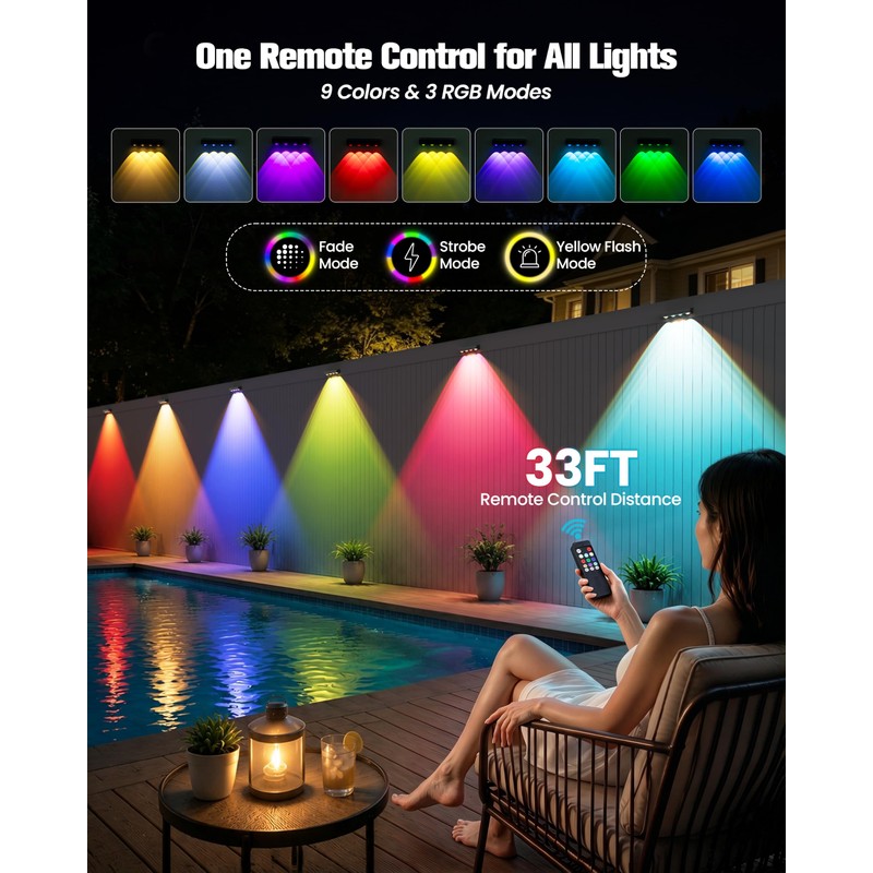 JOFIOS Fence Lights Solar Powered with Remote 12 Pack, Warm