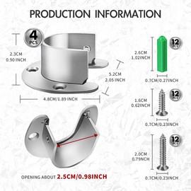 4 Pcs Stainless Steel Pole Sockets, Closet Pole Sockets, Shower Curtain Rod Sockets, U Shape Pole Bracket, Suitable for kitchens, balconies, bathrooms, wardrobes, windows(25mm / 0.98inch, Silvery).