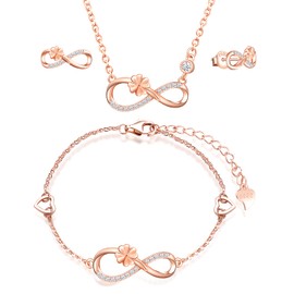 INFINIONLY Jewellery Sets, Women's Girls Necklace Pendant Bracelet Earring, 925 Silver Necklace Bracelet Earring, Lucky Clover Infinity Symbol Jewellery Sets, Inlaid Zircon, Rose Gold, Cubic Zirconia