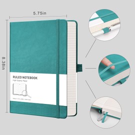 Rettacy Notebook A5 Lined: Thick Diary with 320 Numbered Pages, 1 Back Pocket and High-Quality Hardcover for Women and Men in the Office or School, 14.5 x 21 cm, Cyan