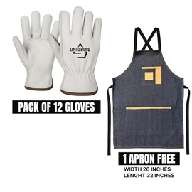 Giorgino 12 Pairs Leather Work Gloves Men with FREE Denim Apron, Heavy Duty Cowhide Driver Gloves Unlined Construction Gloves