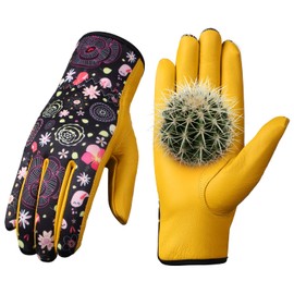 Bamllum Leather Gardening Gloves for Women - Working Gloves for Weeding, Digging, Planting, Raking and Pruning (Pink Floral Pattern)