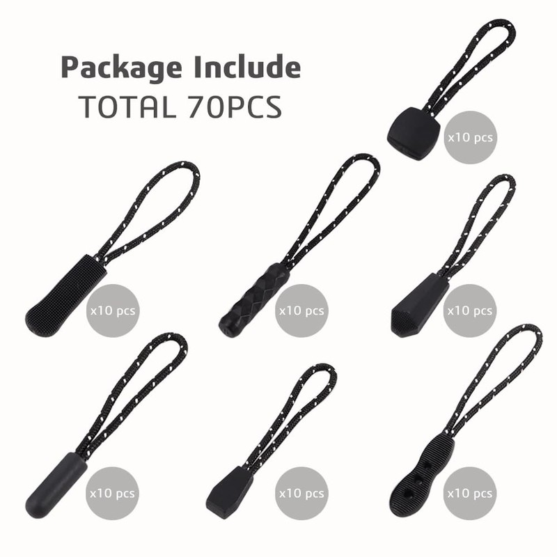 HOLDALL 70 Pack Zipper Pull Replacement, 7 Styles Paracord Zipper