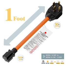 1FT STW 10/3 Heavy Duty Nema 14-50P 50-AMP Plug Male to 6-20R/6-15R T-Blade Adapter, 4-Prong 250V to 20A 250V 6-20/15R Adapter, 14-50 to 6-20R EV Dryer Adapter
