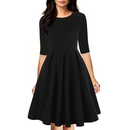 oxiuly Women's Vintage Half Sleeve O-Neck Contrast Casual Pockets Party Swing Dress OX253 (Black Solid, L)