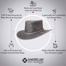 American Hat Makers Crusher Premium Gray Leather Australian Outback Hat for Men and Women, Aussie Australian Western Cowboy Style, UPF50 Wide Brim, Waterproof Oilskin, Crushable and Packable | Large