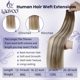 LaaVoo Weft Human Hair Extensions Ombre Sew in Hair Extensions Balayage Light Brown with Platinum Blonde Double Weft Sew in Extensions 14 Inch 80G