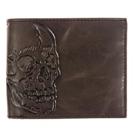 Herblandia Double Skull Bifold Wallet for Men, Extra Capacity Two ID Windows, Full Grain Leather, Multi Card Capacity, Double Skull Men's Wallet Color Dark Chestnut