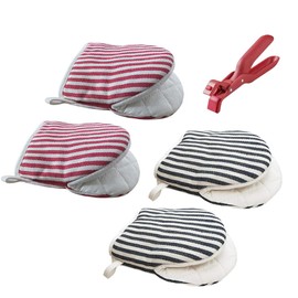 Mini Oven Mitts,Heat Resistant Cotton Kitchen Mini Oven Mitts for 400 Degrees, Non-Slip Grip Surfaces and Hanging Loop Gloves,Baking Grilling Microwave Oven Mitts Anti Scalding Clip Sets W04
