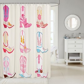 Feelyou Pink Howday Shower Curtain for Kids Boys Girls Weatern Decor Bathroom Shower Curtain Set 72"x78" Farmhouse Cowboy Riding Boots Bath Curtain Wild Western Cowboy Kids Bathroom Accessories Pink