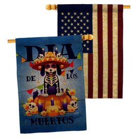 Día de Muertos Dog Burlap House Flags Pack Falltime Day of Dead Dia Los Fiesta Mexican Party Autumntime USA Vintage Applique Small Decorative Gift Yard Banner Double-Sided Made In 28 X 40