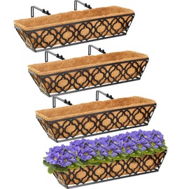 HFHOME 24 Inch Window Deck with Coco Liner, 24" Window Boxes Horse Trough with Coconut Coir Liner, Black Metal Hanging Flower Planter Basket Railing Planter for Outdoor Indoor Lawn - 4 Pack