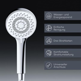 KLUDI -X1 Universal Shower Head Water-Saving Option (Standard 15 L/m, Optional 9 L/min), Shower Head with 3 Jet Types (Body, Hair, Skin), Easy-to-Clean Shower Head Diameter 10.7 cm, Chrome