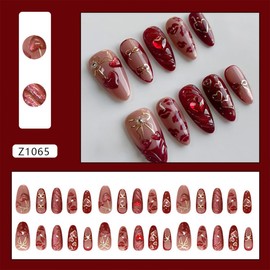 30Pcs Red Heart Press on Nails Medium Almond Fake Nails Gold Bow with Pearl Design Red Lips False Nails Romantic Artificial Nails Full Cover Glue on Nails Handmade Stick on Nails for Women DIY Kit