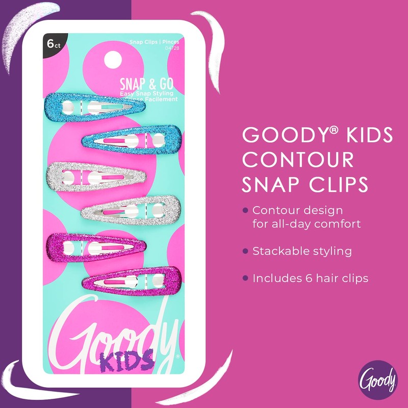 Goody Kids Contour Snap Clips - 6 Count, Assorted Glitter