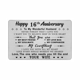 DEGASKEN Husband 16th Wedding Anniversary Card Gifts For Him - I Love You With All My Heart - 16 Year Anniversary Keepsake Gifts for Men, Metal Wallet Insert Card