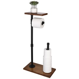 KES Freestanding Toilet Paper Holder Stand with Reserve, Rustic Toilet Paper Storage with Wooden Shelf Industrial Iron Pipe and Wooden Base DIY Black, BPH505-BK