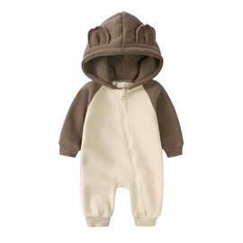 Alunsito Infant Newborn Boys Girls Baby Outfits Long Sleeve Bear Ear Hoodie Romper Jumpsuit Fall Winter Toddler Clothes 73 Khaki Beige 6-9 Months