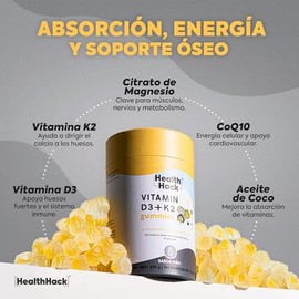 Vitamina D3 K2 Gomitas con CoQ10, Magnesio y Aceite de Coco | 400 UI D3, 30 µg K2, 100 mg Coenzima Q10 | 180 Gomitas Sin Azúcar, 90 Porciones, Sabor P