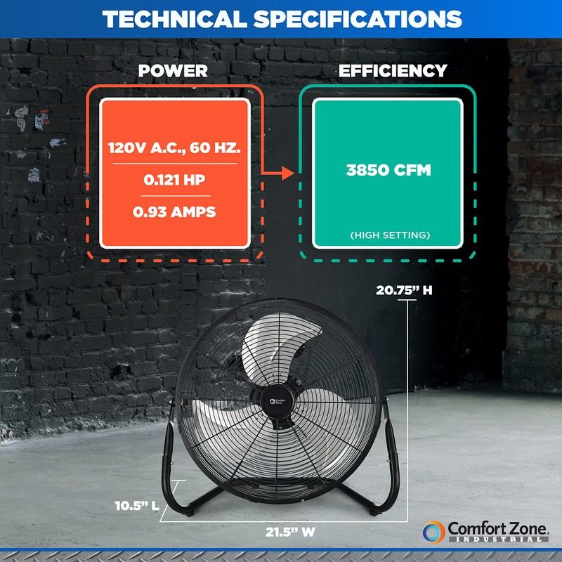 Comfort Zone Cradle Floor Fan, Electric, High-Velocity,180 Degree Adjustable Tilt,