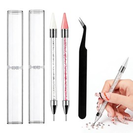 Rhinestone Pen Picking Pen, Set of 2, Pink and White Tweezers Included, Pen Length 149mm Stainless Steel Tip Nail Decor Nail Tips Decoration Handmade Diamond Art Fine Work Tools