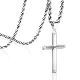 Cameido 925 Sterling Silver Cross Necklace for Men with 3.5mm Stainless Steel Clasp Rope Chain Necklace Beveled Edge Cross Pendant Necklace for Men Women 22 Inche