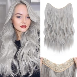 S-noilite One Piece Clip in Hair Extensions Grey 18 Inch U-Shaped One Piece Long Wavy Culry Thick Hair Extension Hairpieces Synthetic 3/4 Full Head Hair Extensions with 5 Clips for Women,#503/88A