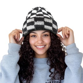 CLAPE Womens Cute Slouchy Beanies Hats, Winter Warm Chunky Checkered Beanie Large Cuff Knitted Hat Ski Cap for Cold Weather