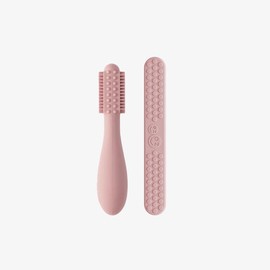ez pz The ezpz Baby-Led Toothbrush + Sensory Tongue Depressor | 3 Months+ | This dual pack encourages healthy oral habits and helps check for emerging teeth, leftover food in the mouth, or illness | Designed by a Feeding Specialist - Color: Blush