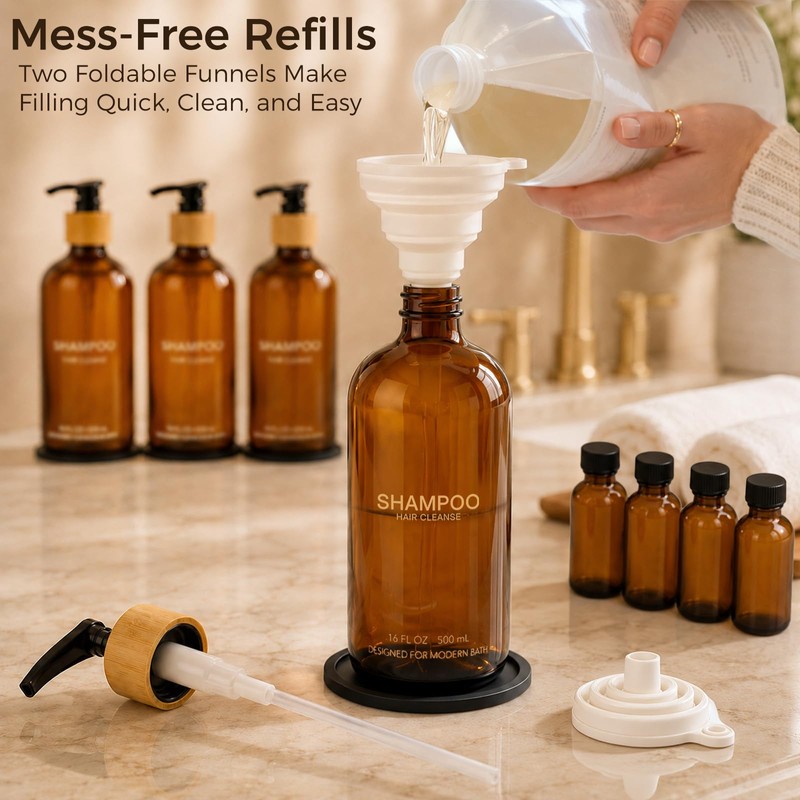 TBWIND 4 Pack 16oz Amber Glass Shampoo Dispenser Set with