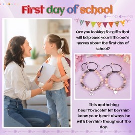 SUNSH 2 Pcs First Day of School Heart Pink Bracelet Set, Matching Mother Daughter Son Teen Girls Boys, 8mm Pink Natural Stone, 13-23cm (Large), 12-22cm (Small), Back to School Gift
