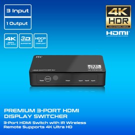 TEC 4K HDMI Switch 3x1 HDMI Switcher 3 in 1 Out HDMI Switch Selector 3 Port with IR Remote Control HDMI HDCP 2.2 Support 4K@30Hz Ultra HD 3D 2160P 1080P - THDSW31-4K60