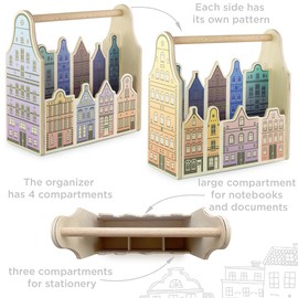 Vemkel Wooden Desk Organiser Amsterdam, Pencil and Pen Holder, Desk Caddy Organiser for Office Supplies Storage, Papers and Stationery Organisers — 4 Compartments