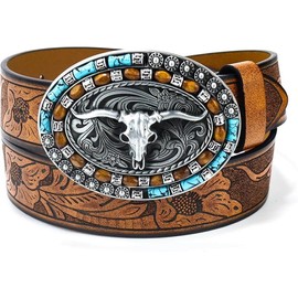 Western-Cowboy-Leather-Belts for Women Turquoise-Oval-Buckle Embossed Cowgirl Belt for Jeans Pants Fit for 27"-41" - Color: Brown, Size: Fit for 36-41" waist