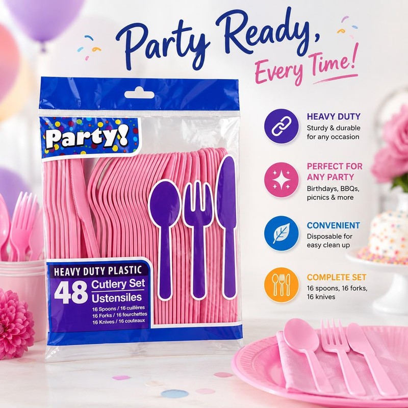 Heavy Duty Plastic Cutlery 48-Piece Set (Spoons, Forks, Knives)