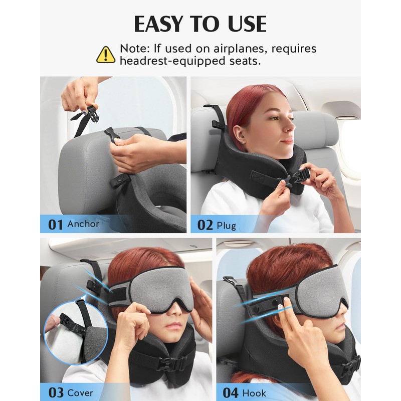 YFONG Travel Pillow for Long Flight Airplanes, Head Strap Combo