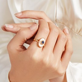 Tomovely Vintage Ring Gold Gemstone Ring for Women 925 Sterling Silver Blue Sapphire Engagement Ring For Women Vintage pearl shell ring with adjustable opening 6-9