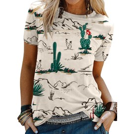 Cactus Shirts for Women Desert Mountain Graphic Tees Casual Vintage Short Sleeve Tops
