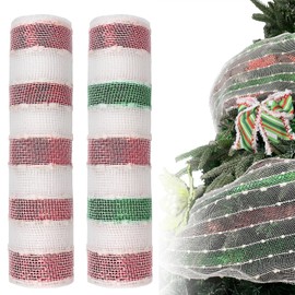 2 Rolls Christmas Deco Poly Mesh Ribbons, 10 Inch × 5 Yards Christmas Mesh Ribbon Red White Green Stripe Mesh Metallic Winter Foil Decomesh Roll for Xmas Tree Wreath Making DIY Swag Bows Garland