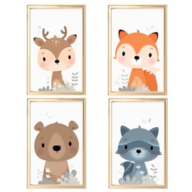 Poster Children's Room Animals Beige, A4 Pictures Baby Room Forest Animals Decoration Nature Poster Set of 4 Animals, Children's Poster Boy, Girl, Wall Pictures Premium Wall Poster, 21 x 30 cm -