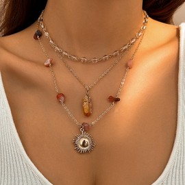 Anuoli Layered Crystal Sun Necklace, Boho Hippie Summer Beach Necklace, Boho Hippie Jewelry, Christmas Jewelry Gift for Women (Style02)
