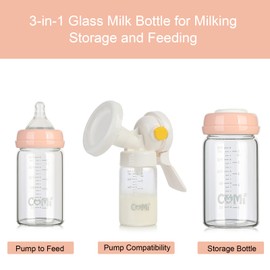 COMI Wide Neck Glass Breastmilk Collection n Storage Bottle, 6oz with Screw Ring Sealing Disk; Re-markable Sealing Disc. BPA Free, Fits Breast Pumps & Nipples (2 Pack Pink Lids)