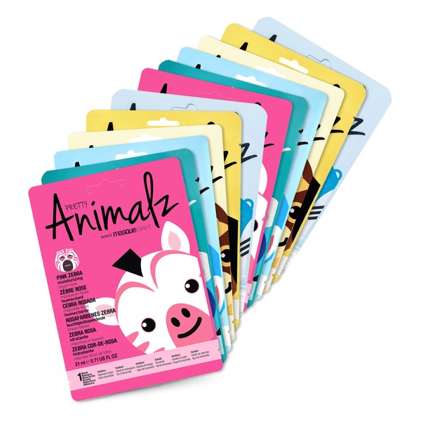 masque BAR Pretty Animalz Facial Sheet Masks, Fun & Unique Skincare Face Mask with Animal Character Prints, Hydrating & Soothing Korean Facial Mask, Nourishing & Exfoliating Skin Care, Pack of 12