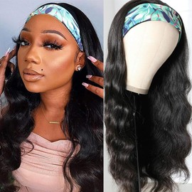 Wig with Headband Wig Human Hair Body Wave None Lace Front Wig Human Hair Wig Women's Real Hair Glueless Body Wave Hair Headband Wigs for Women Human Hair Natural Colour 16 Inches