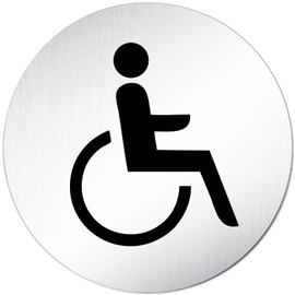 Türschilder24 XXL Door Sign Diameter 100 mm Toilet Sign Disabled Toilet / Wheelchair Made of Solid Aluminium Material Polished Stainless Steel Look 100% Made in Germany