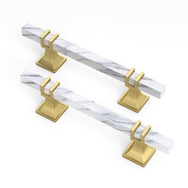 homdiy 10 Pack 4 Inch Marble Cabinet Pulls, White Marble Grain Kitchen Cabinet Handles Gold and White Dresser Drawer Pulls